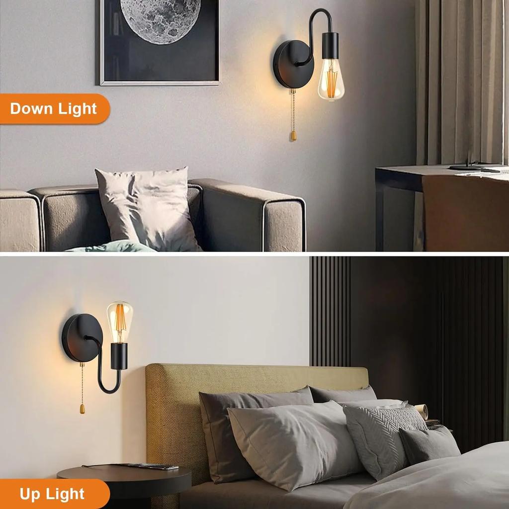 Vintage Pull Chain Wall Lights Set of Two, Black Sconce Industrial Lamp Hard Wired,  Bedroom Living Room Kitchen