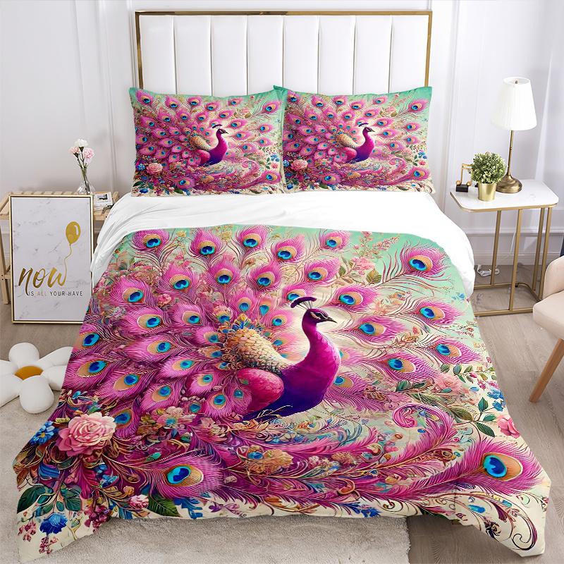 3pcs Pink Peacock with Open Tail Printed Quilt Set - Soft and Comfortable Quilt Cover for Bedroom, Guest Room and Dormitory Decorative Bedding Se