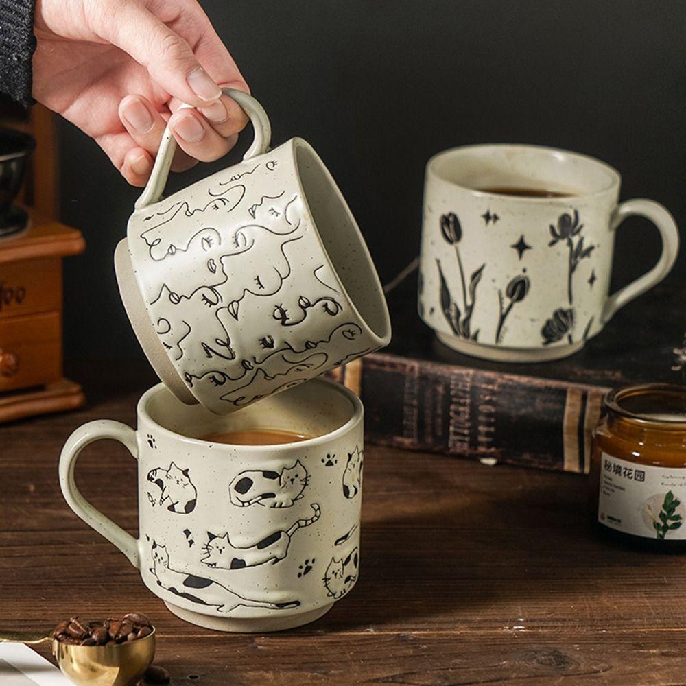 Hand-painted Retro Tea Cup Expression/Flower/Kitten Pattern Milk Drinking Cup Breakfast Cup