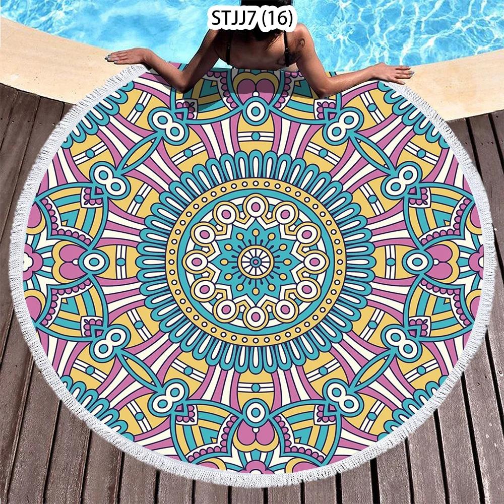 Ethnic Plaid Beach Creative Swimming Towel Microfiber Round Beach Towel Mandala Stripes Adult Large Round Bath Towel