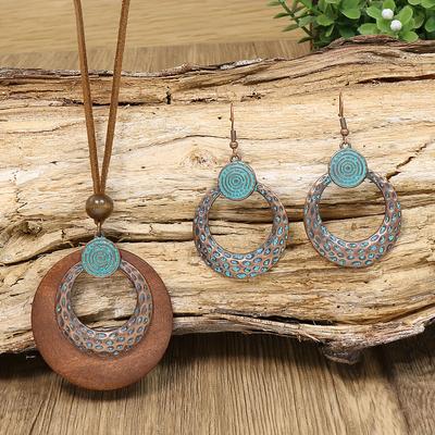 Retro stil etnisk stil damemote smykkesett bronsefarge sirkel ring legering anheng matchende grønn distressed Craft øredobber