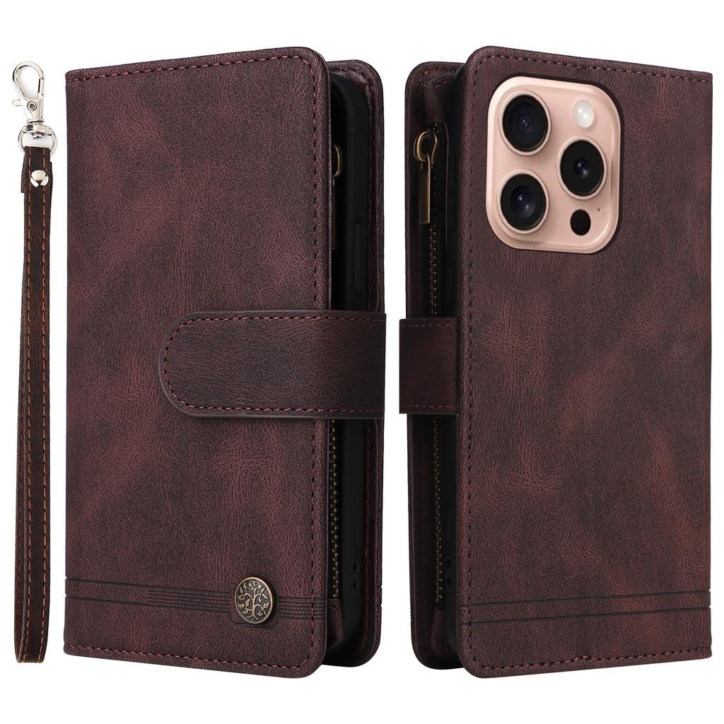 For iPhone 16 Pro Case Leather Folio Wallet Phone Cover with Stand Zipper Pocket
