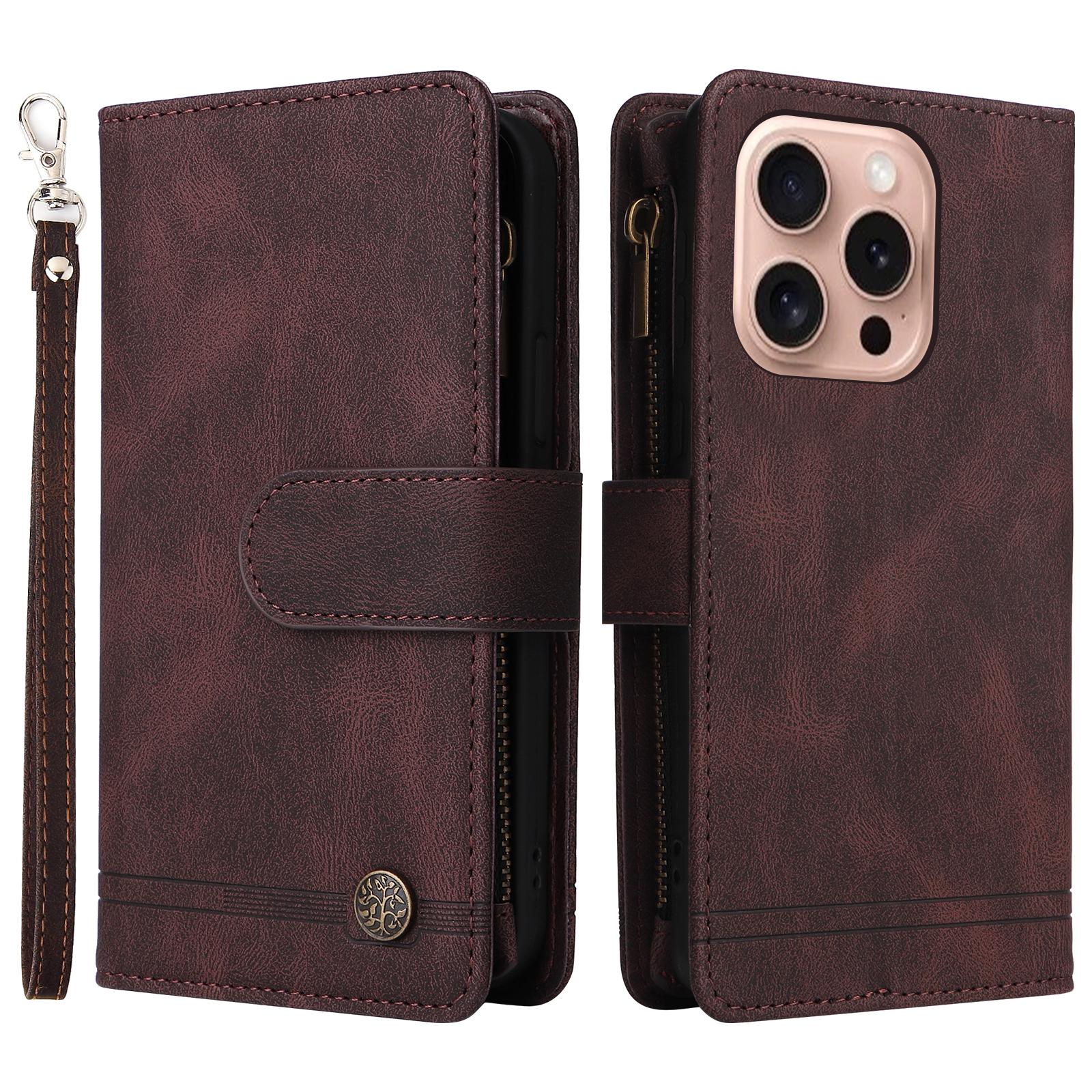 

For iPhone 16 Pro Case Leather Folio Wallet Phone Cover with Stand Zipper Pocket Brown