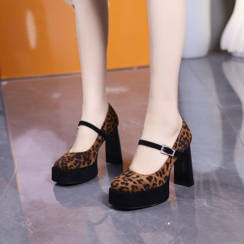Fashion Super High Heel Single Shoes Women's Fashion Round Toe Patent Leather Platform Slip Strap Square Heel Shoes