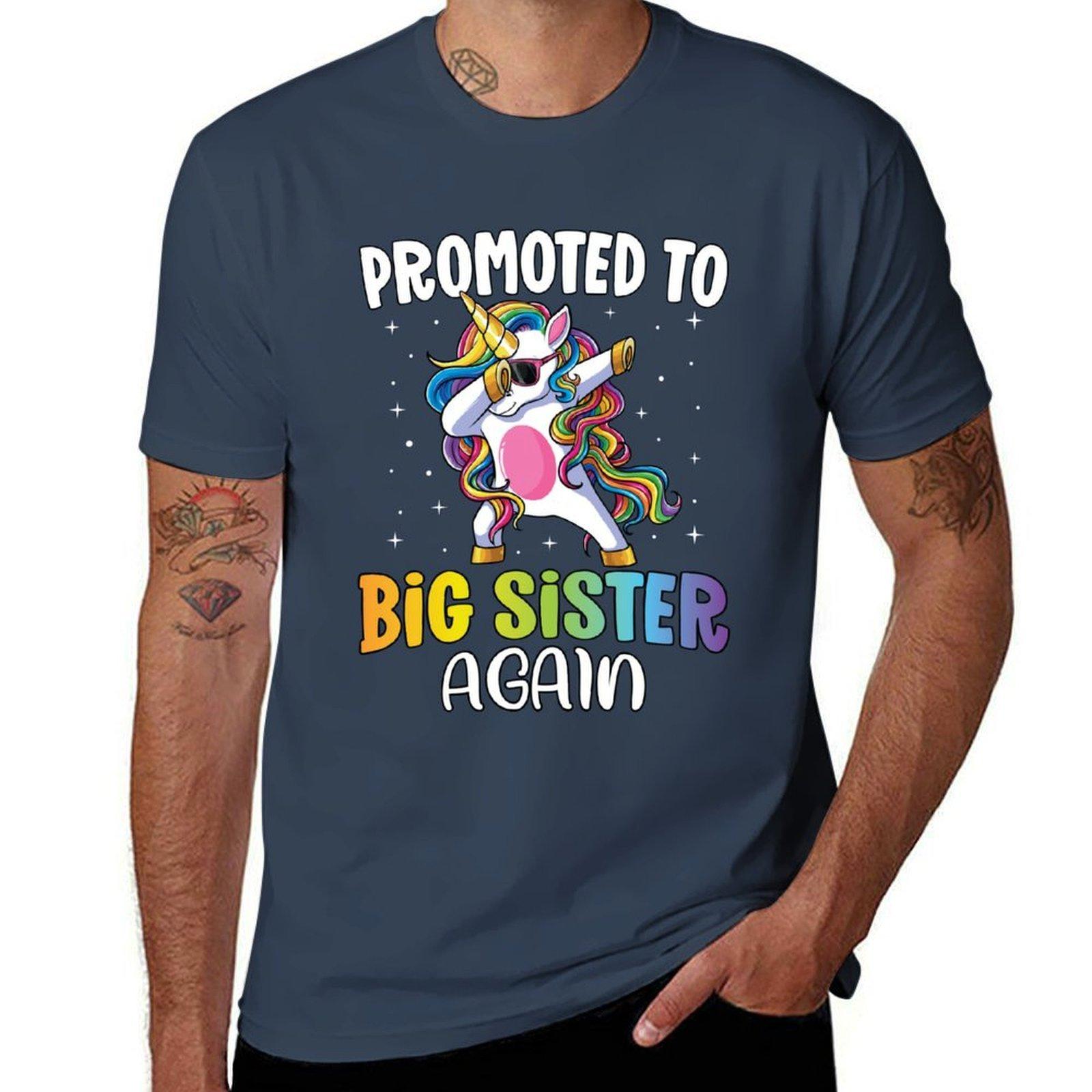 Promoted To Big Sister Again Dabbing Unicorn Older Sister Tshirt Soft Basic Cotton Short Sleeve Tee S