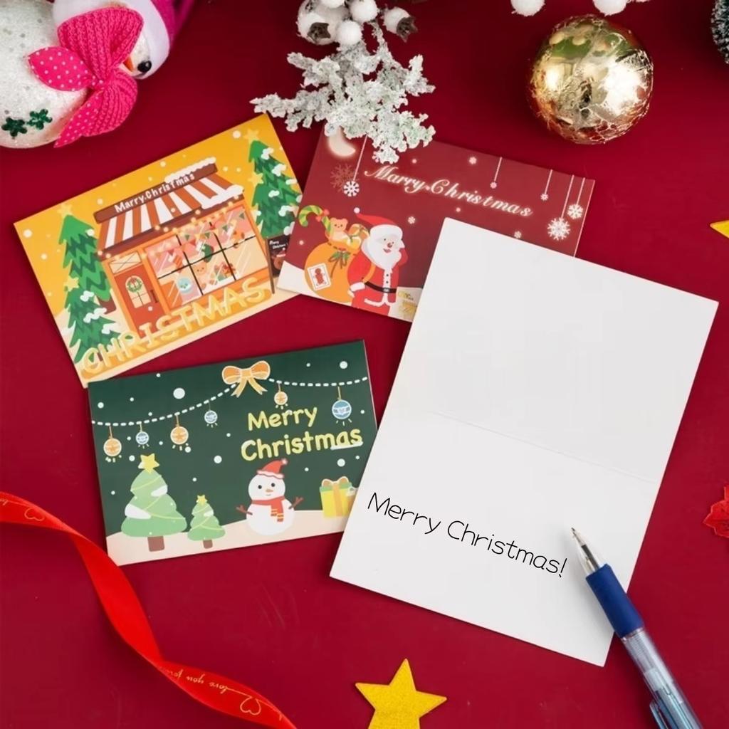 10/80/100Pcs Merry Christmas Card Xmas Birthday Party Gift Card Cute Cartoon Half-Folded Card Blessing Message Card