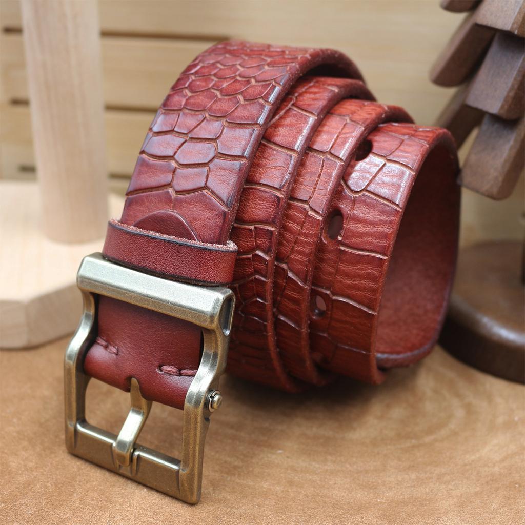3.8CM Wide Fashion Trend Belt Genuine Leather Pin Buckle Retro Old Crocodile Pattern Head Layer Cowhide Belt Versatile Men