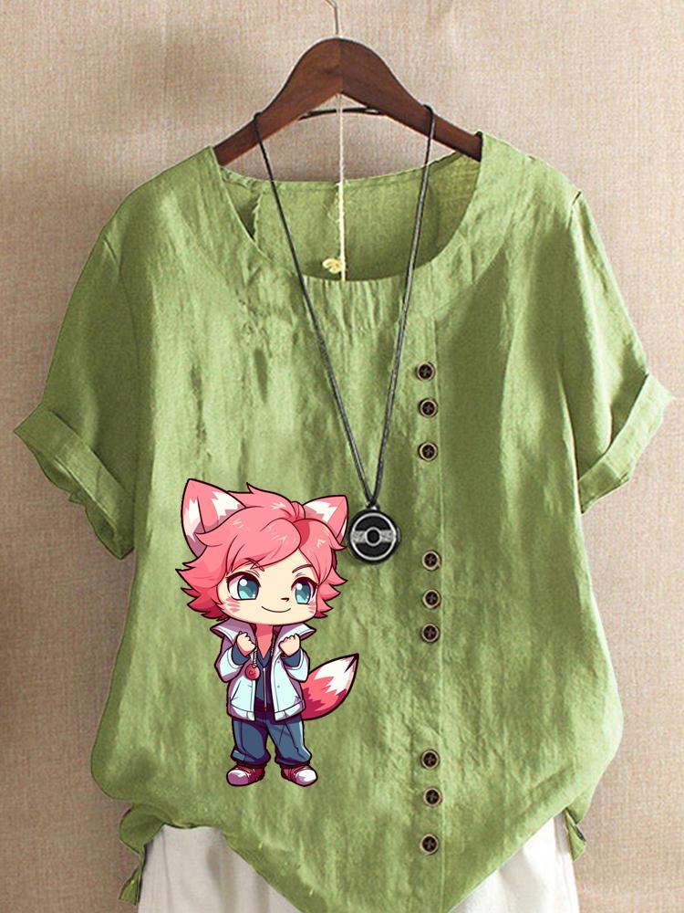 

Women s Fashion Cartoon Girl Print Shot Sleeve T-shirt Loose Cotton Shirt Casual Loose Summer Blouse Tops Plus Size 5XL зелений