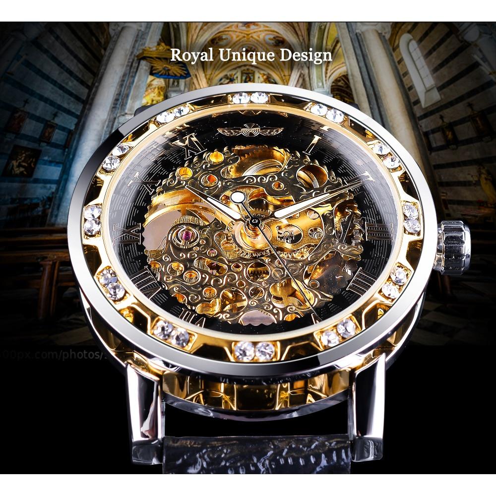 WINNER Orologi da polso meccanici scheletrati da uomo con display a diamante, lancette luminose retrò dorate nere, orologio di lusso delle migliori marche