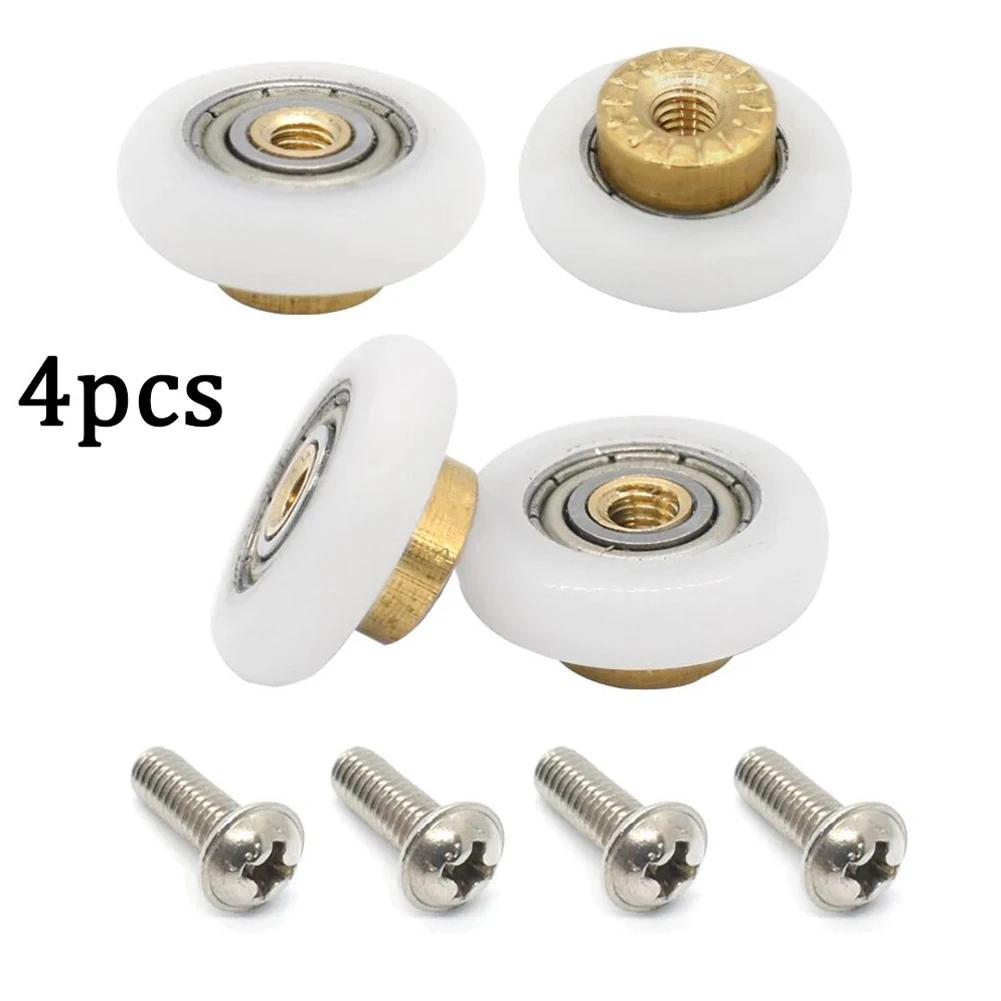 4Pcs Shower Room Pulley Bathroom Sliding Glass Door Wheels Nylon Copper Roller Replacement Shower Door Rollers Set