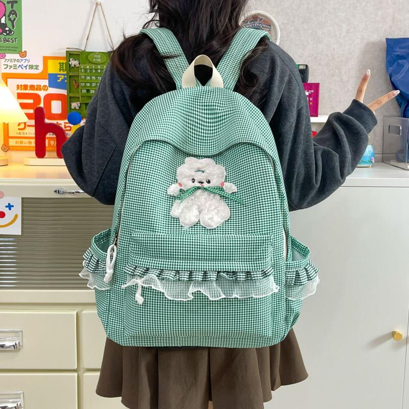 Kawaii Checkered Nylon Backpack with Fluffy Poodle Embroidery Sweet Style Women's School & Daily Bag