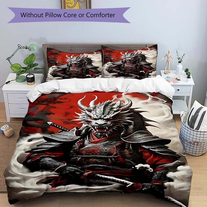 

3pcs Dragon Samurai Warrior Comforter Set with One Quilt Cover and Two Pillowcases (No Core) - Anime Cartoon Design, Polyester Fabric, Festive Gift fo 135x200cm