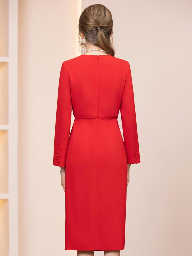 Zhi Li's Red Rhinestone Embellished High-Waisted Midi Dress for Special Occasions - Spring 2026 Arrival