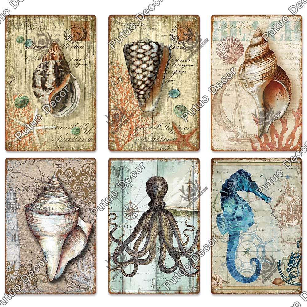 Decor Marine Animals Tin Sign Vintage Plaque Metal Wall Retro Posters for Beach Bar House Decorative Art Iron Painting