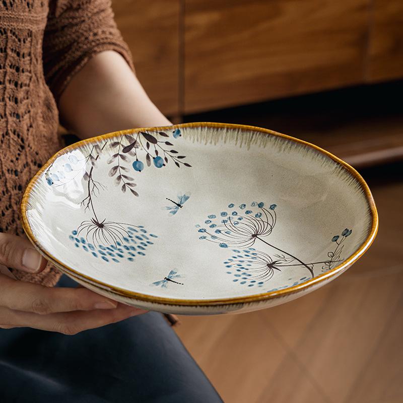Vintage Flower Large 9-Inch Ceramic Plate Irregular Salad Plate Premium Sense Vegetable Bowl Soup Plate Export