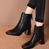 French retro female soft leather square head thick heel m high heel metal bag head rear zipper inner thickened warm short boots