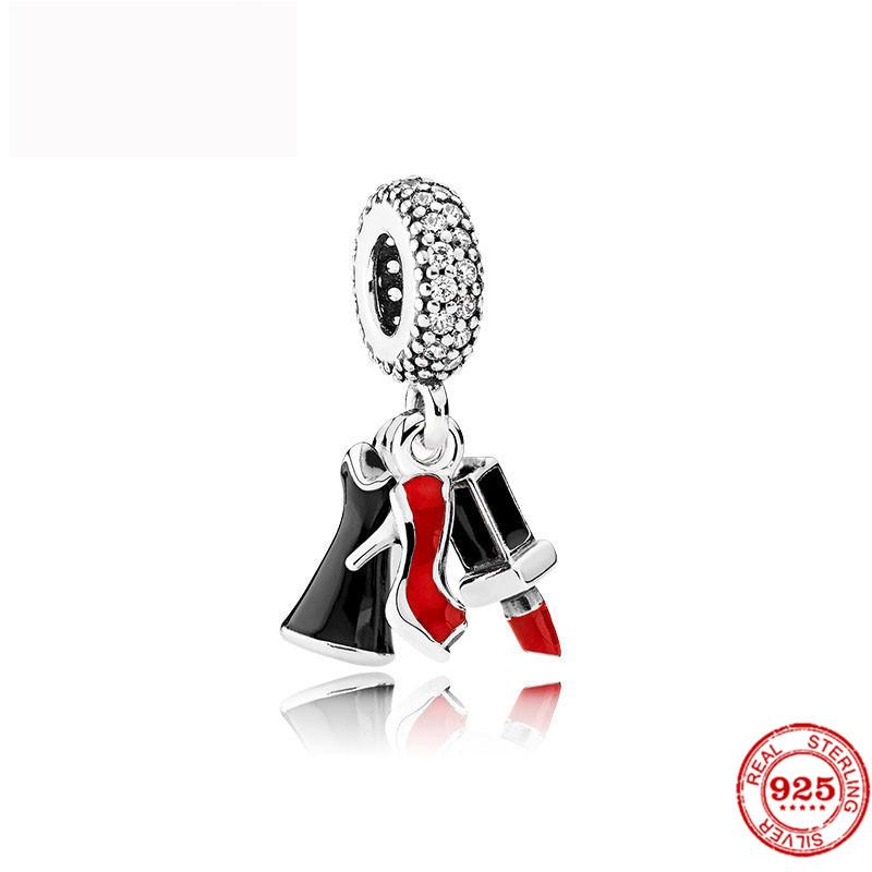 925 Sterlingsilber DIY Schmuck Lippenstift High Heels Liebesherz Hantel Apfel Charm Perle Armband