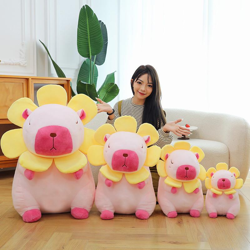 Adorable Pink And Brown Sunflower Capybara Plush Toy Soft Pillow For Kids And Girls