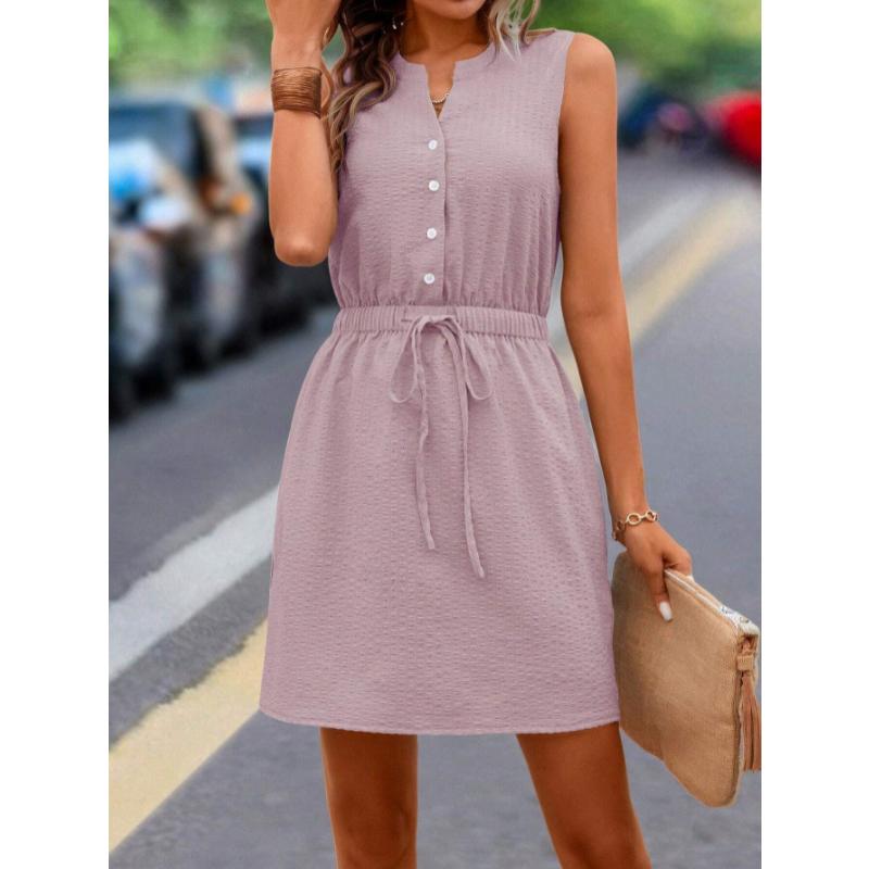 Women's Spring Summer Casual Sleeveless Mini Dress, Button Front Tie Waist Solid Color Woven A-Line Dress for Daily Wear