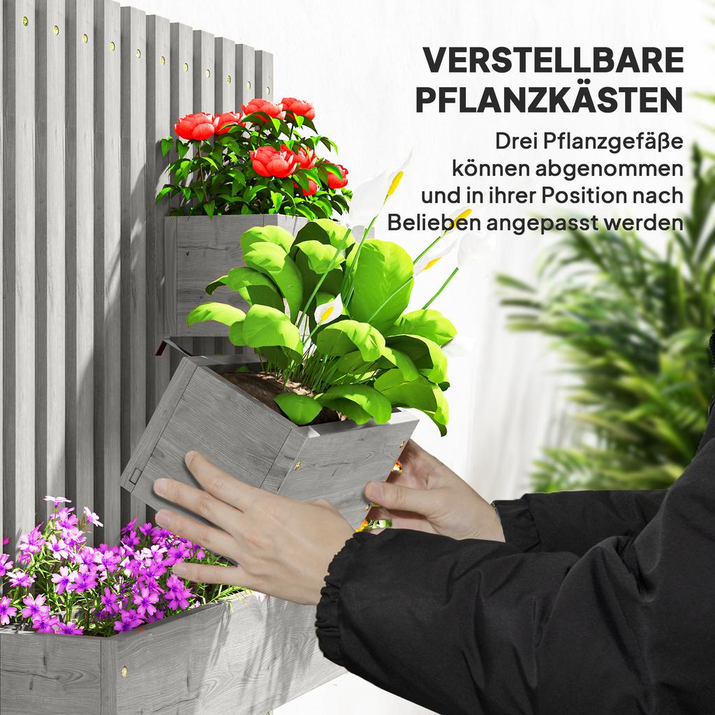 Wall-mounted Wooden Garden Planters with Trellis, Drainage Holes and 3 Planter Boxes for Patio, Grey