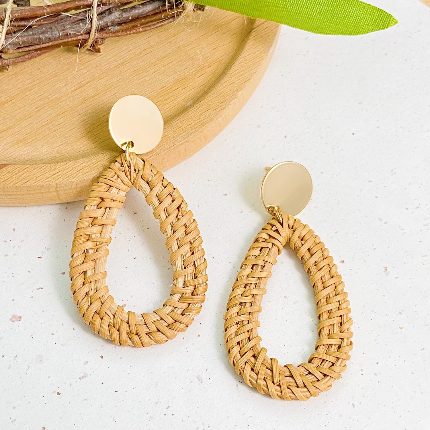 1 or 4 Pairs Handmade Raffia Rattan Bohemian Round Drop Dangle Earrings for Women, Boho Statement Cute Fun Hoop Earrings Set