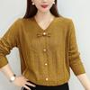 Golden Brown V-neck Three Quarter Sleeve Shimmer Knit Top with Bow Detail for Women