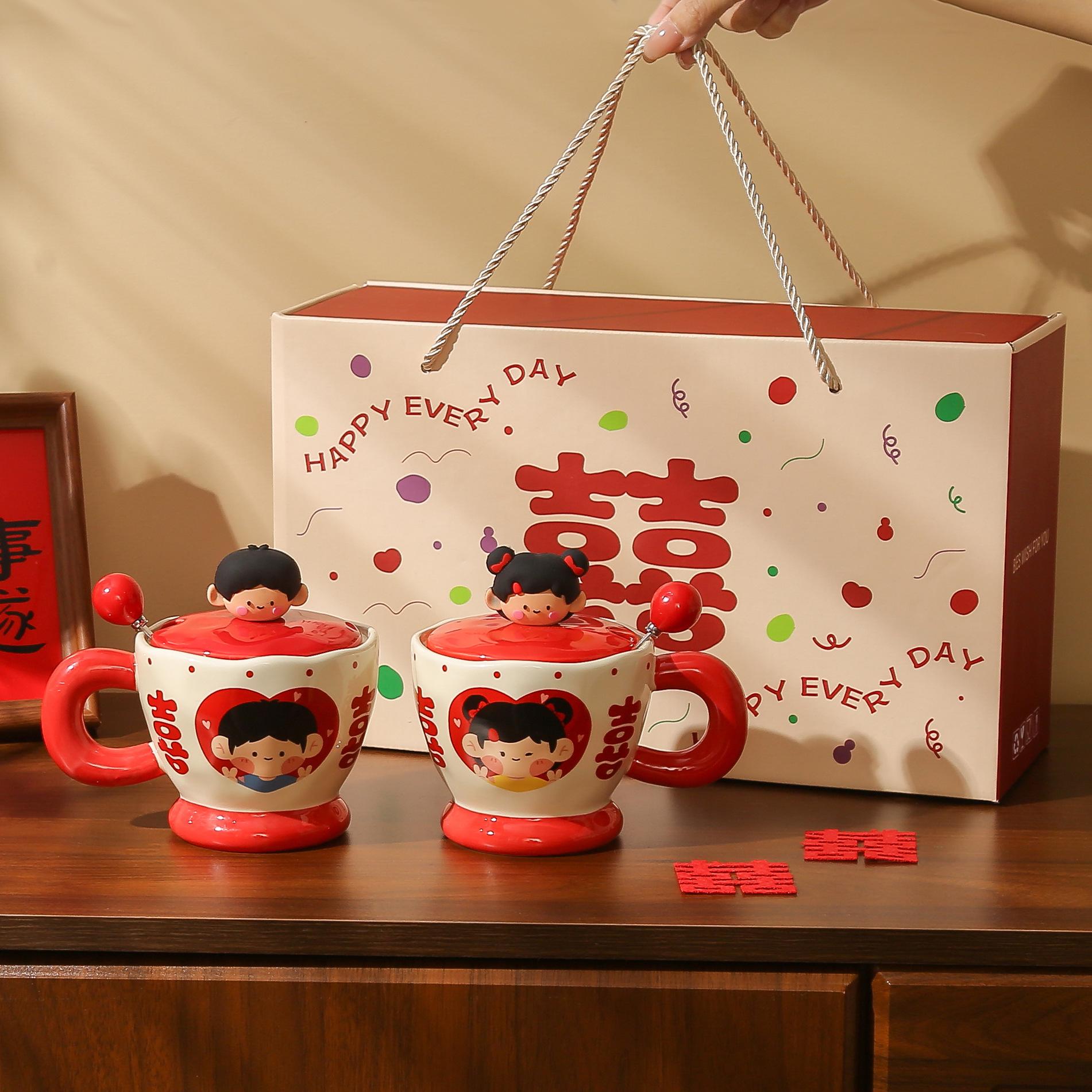High-Value Boys And Girls Couple Cup Cartoon Ceramic Water Cup Wedding Souvenir Mug Large-Capacity Wedding Gift 400ML