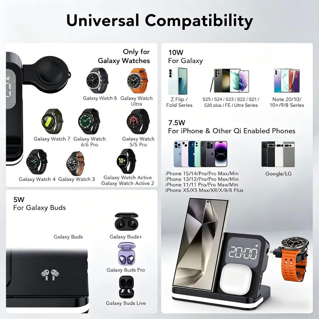 4 In 1 Wireless Charger Alarm Clock Stand For Samsung S26 S25 Galaxy Watch 8 7 6 5 Active 2 Buds4 Pro 3/2 Fast Charging Station