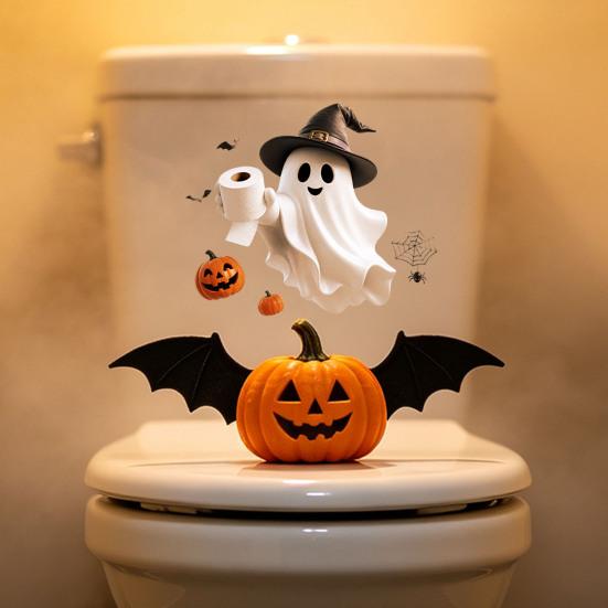 Funny Halloween Bathroom Decor Toilet Sticker, Ghost And Skeleton Print Decals, Waterproof PVC Easy Creepy Decorations Peel Stick Spooky Stickers, for