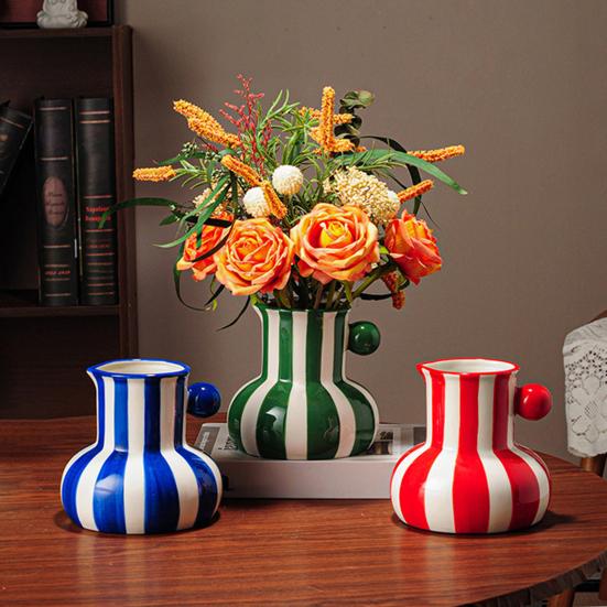 Colorful Striped Vase Ceramic Vase with Handle Desktop Decorative Vase for Flower Arrangement Living Room Bedroom Decor