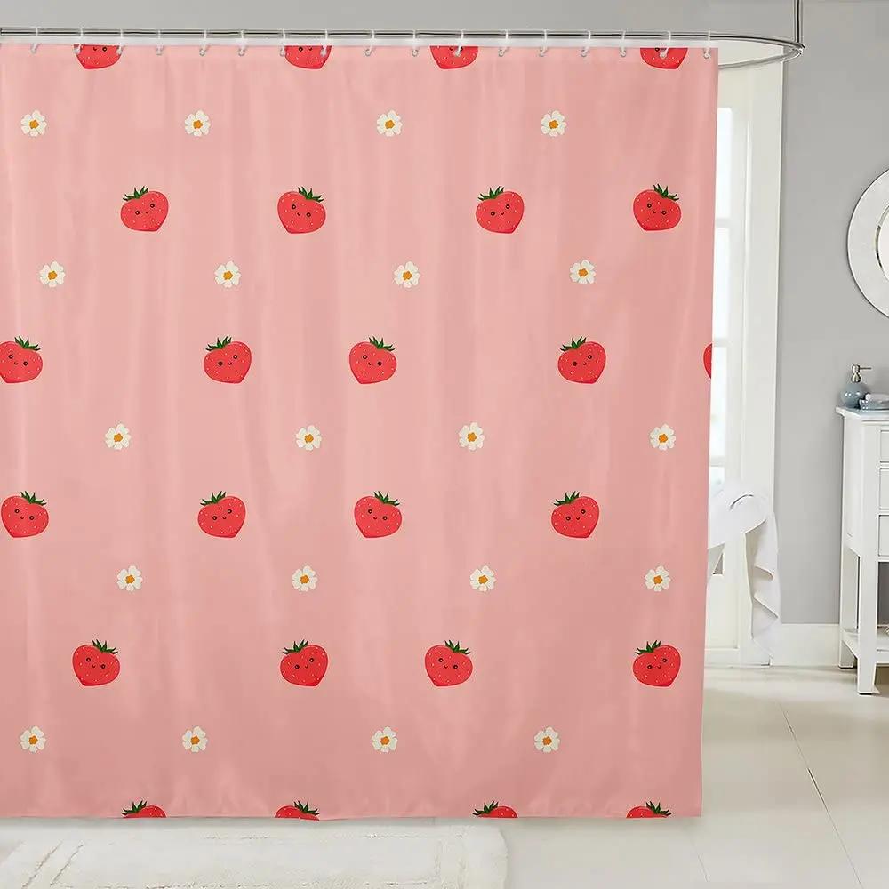 Cartoons Fruit Strawberry Printing Bathroom Curtains Waterproof with Hooks Shower Curtain Polyester Hanging Curtains Multi Size