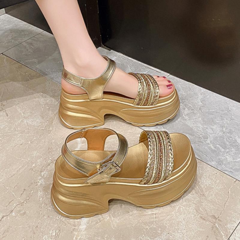 Women's Sandals for Summer Outdoor Wear, Light Luxury Rhinestone Thick-soled Roman Shoes, Exquisite All-match Sandals