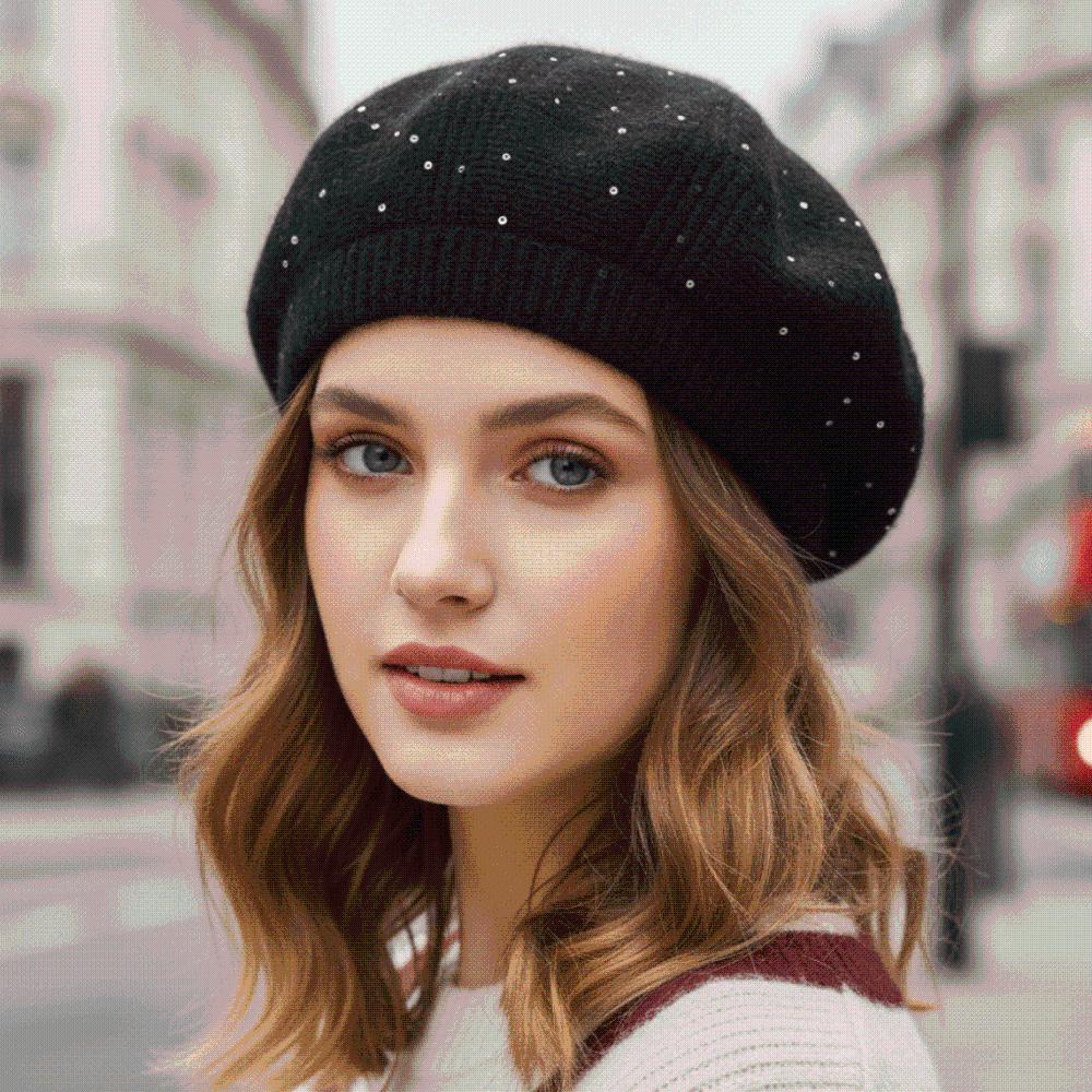 Fleece Lined Knit Beret Hat Elastic French Style Cap Thick Warm Bonnet Teens