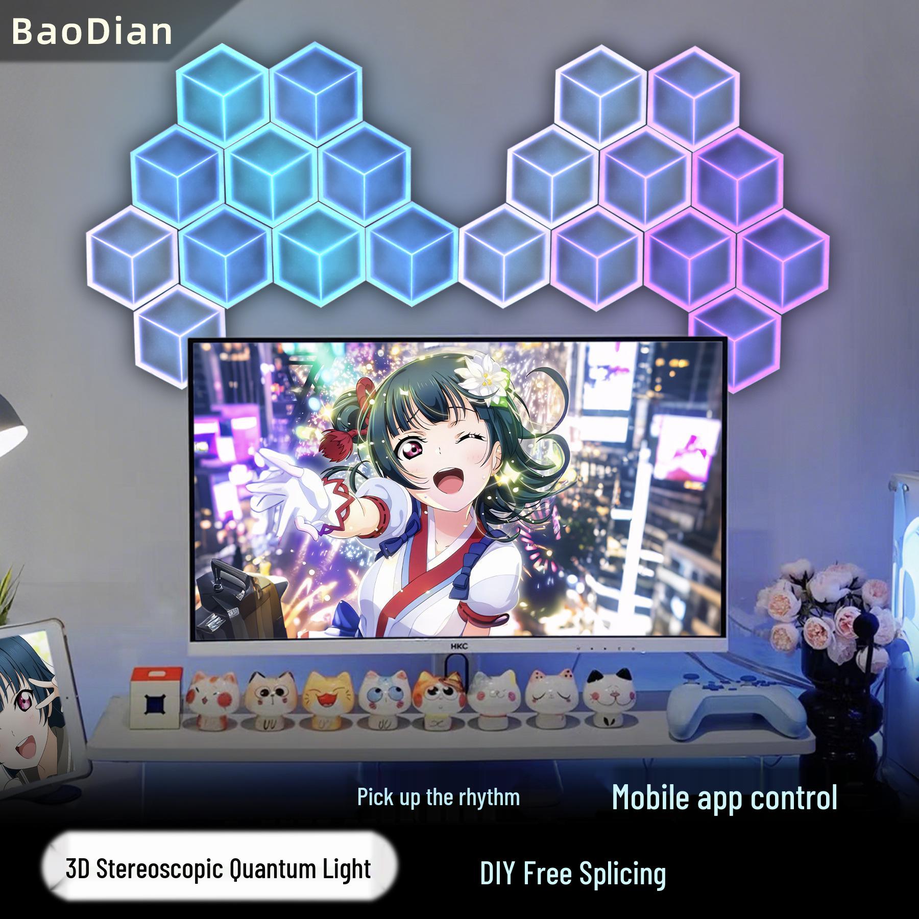 

RGB Hexagonal 3D Quantum LED Ambient Light for eSports Rooms Bluetooth 3D cube effect