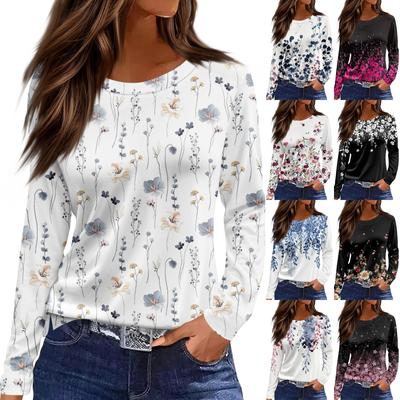 Women's Fashion Casual Slit Hem Round Neck Long Sleeve Loose  Printed T-Shirt Ladies Top