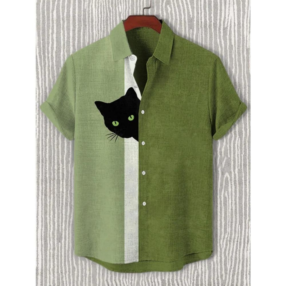 Men's Japanese Retro Art Black Cat Print Shirt Short Sleeve Stand Up Collar Single Breasted Casual Linen Top for Vacation