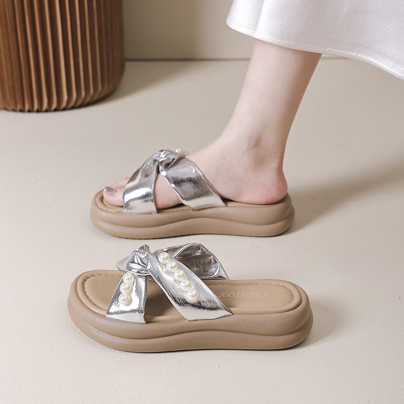 Thick bottom cross one-word drag women's summer new fashion comfortable casual pearl with skirt sandals
