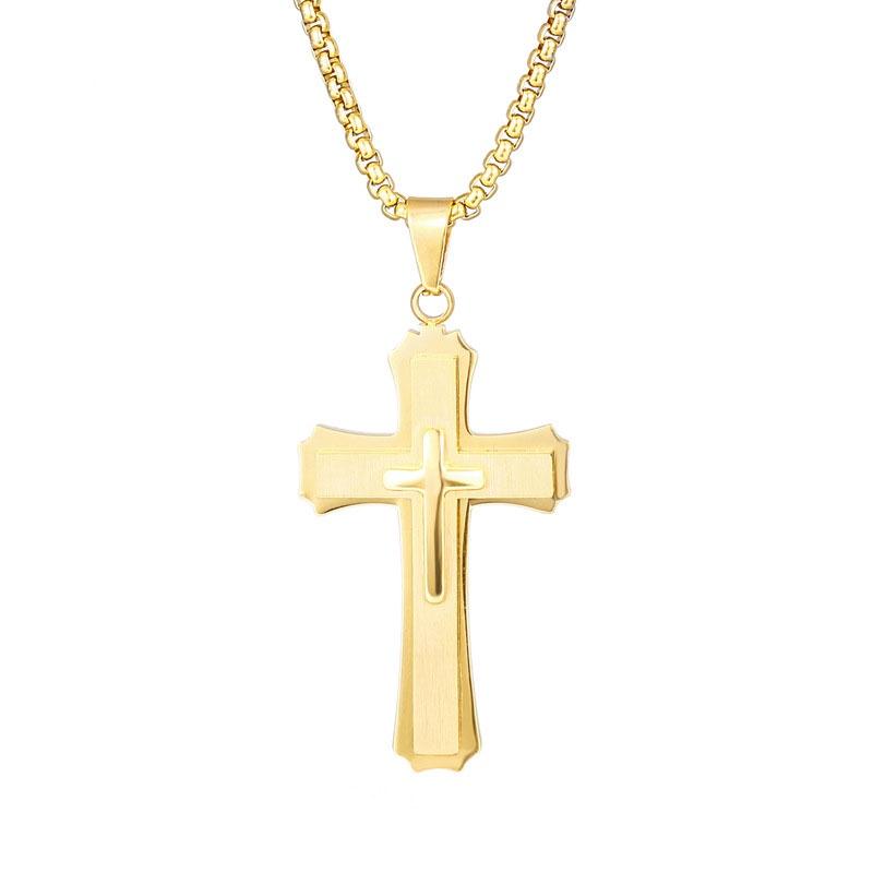 Stainless Steel Cross Necklace Pendant Three-dimensional And Non-fading Titanium Steel Chain Golden