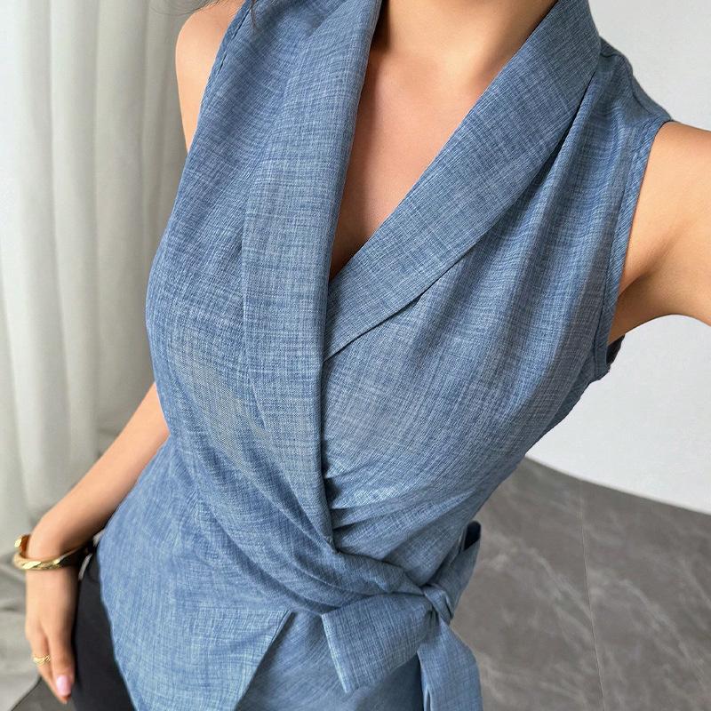 Sleeveless Shirts with Summer Temperament Slim Fit and Tied Shirts Women’s Blouses & Shirts