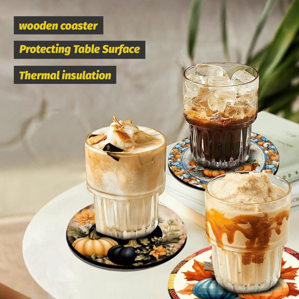 Thanksgiving Wooden Cup Mat Flower Home Decoration Tableware Insulation Tea Cup Mat Cup Mat Set