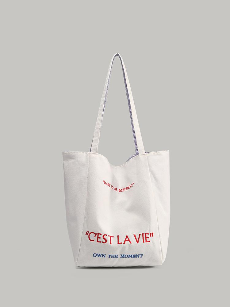 

Korean Lazy Wind Letter Embroidered Canvas Bag Niche Fashion Double-sided Shoulder Bag Commuter Large Capacity Tote Bag белый