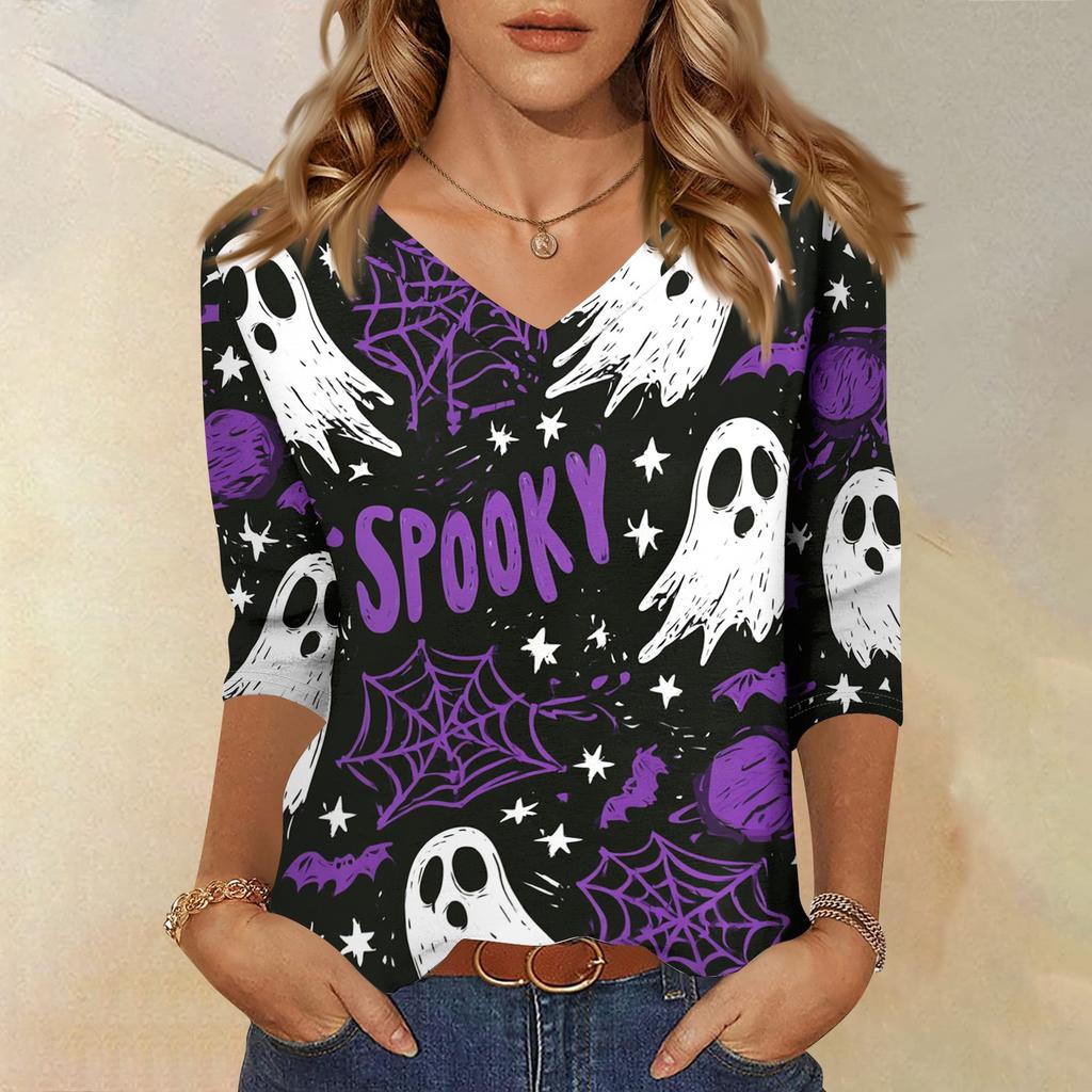 Women's Casual Halloween Print V Neck Top Three Quarter Sleeve Lightweight Blouse for Fall Seasonal Wear