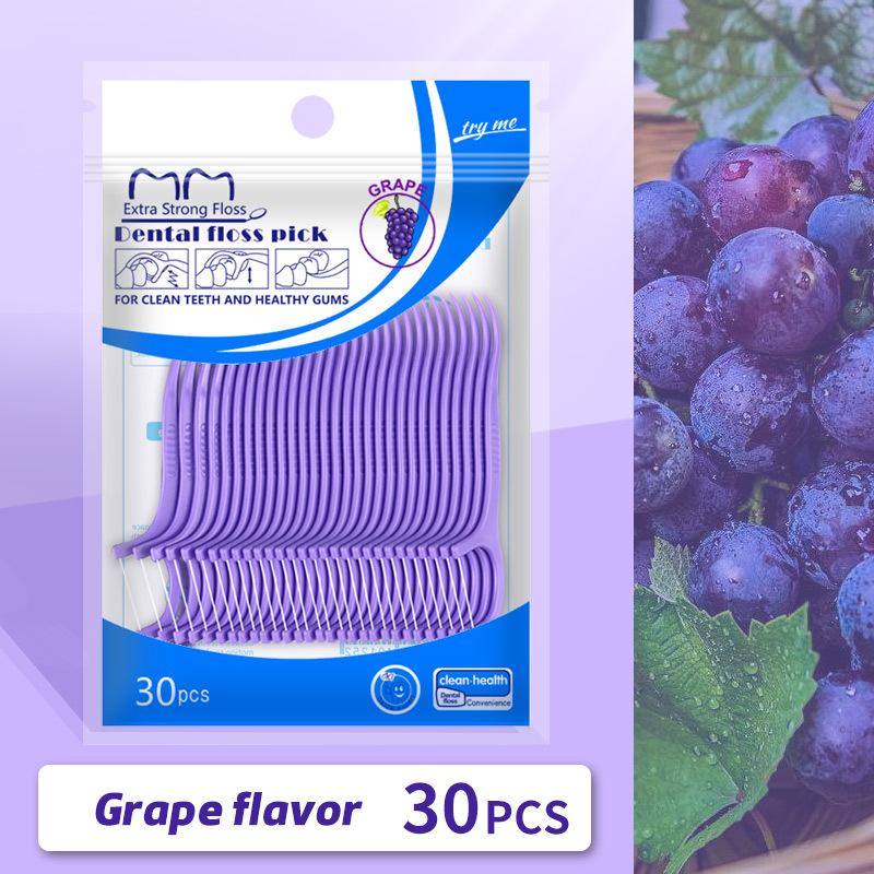 A bag of 30 Fruit-flavored Disposable Ultra-fine Dental Floss Sticks Grape(30pcs)