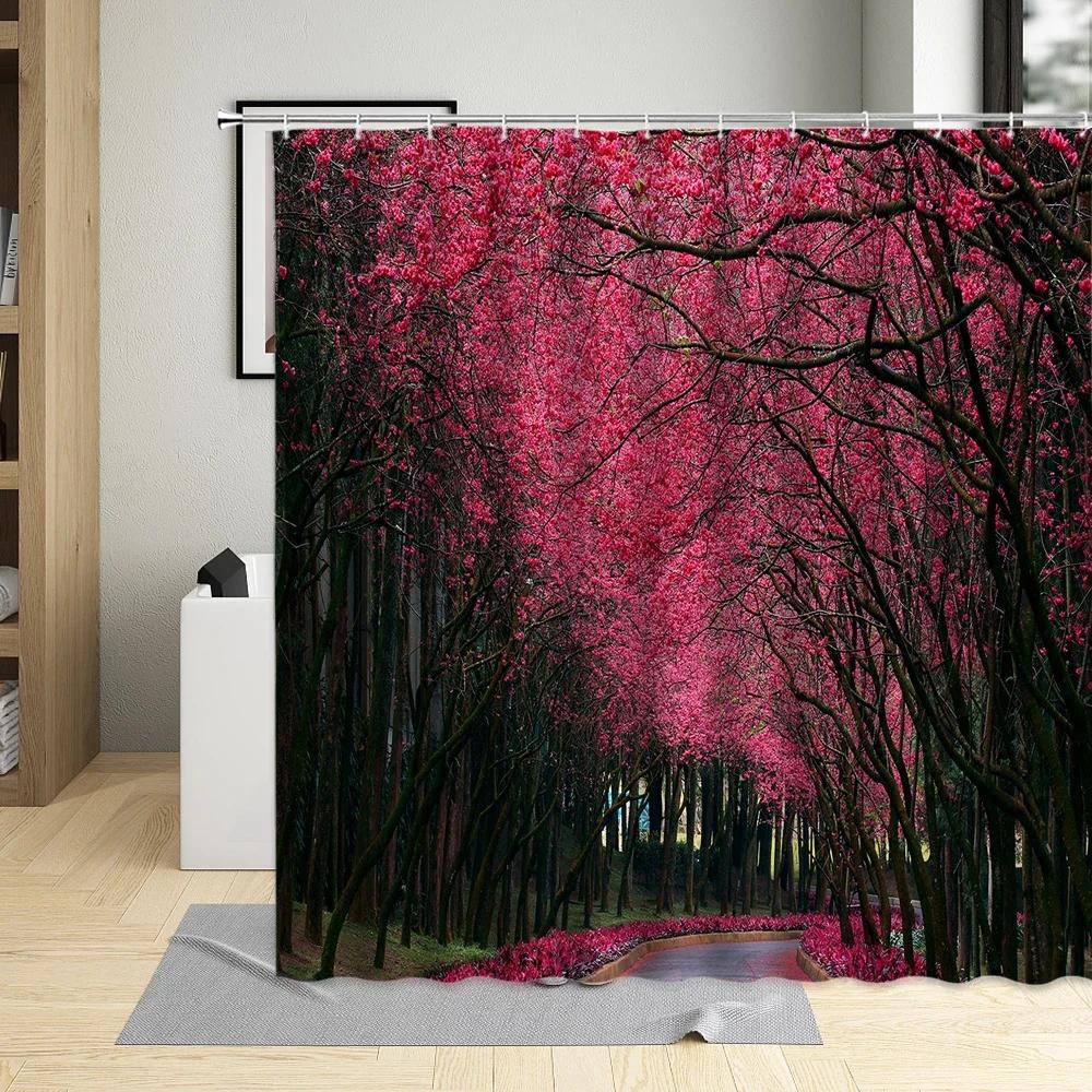 Flower Plant Landscape Shower Curtain Cherry Blossom Waterfall Green Forest Manor Arch Bridge Ocean Scenery Bathroom Curtain Set