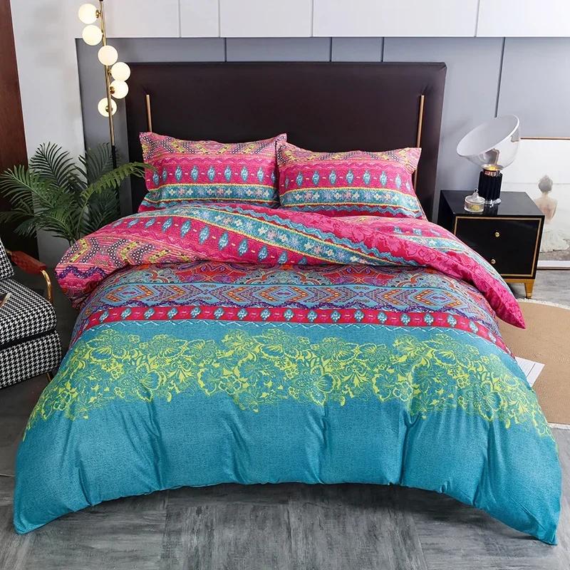 3pcs Boho Bedding Set Striped Geometric Duvet Cover and Pillowcases in Brown Ethnic and Traditional Style Soft Cozy Quilt Covers