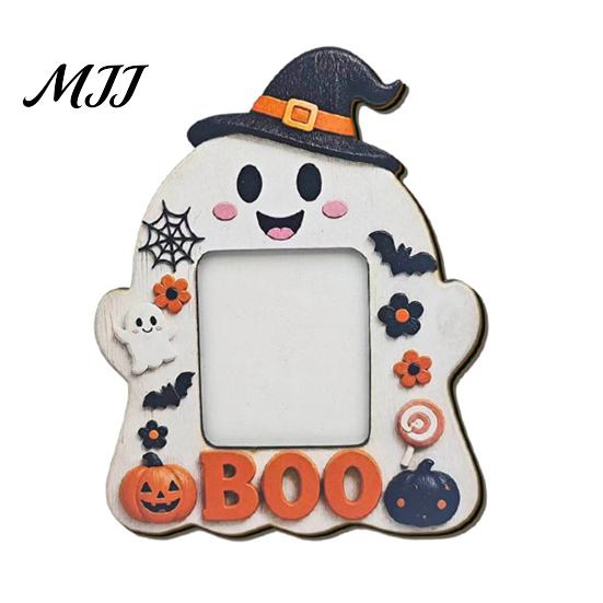 Party Mantel Decorations Halloween Wooden Photo Frame, Cute Ghost Pumpkin Picture Childlike Ornament Rustic Festive Holder for Holiday Table