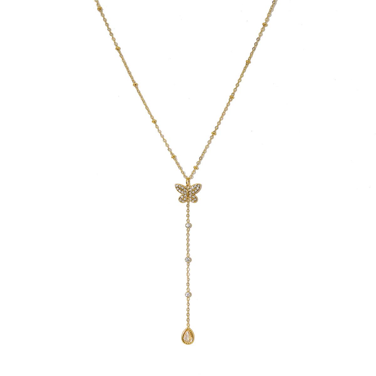 18K Gold-Plated Zircon Butterfly Tassel Pendant Necklace - Titanium Steel, Colorfast, Luxurious Finish, Collarbone Chain 18K