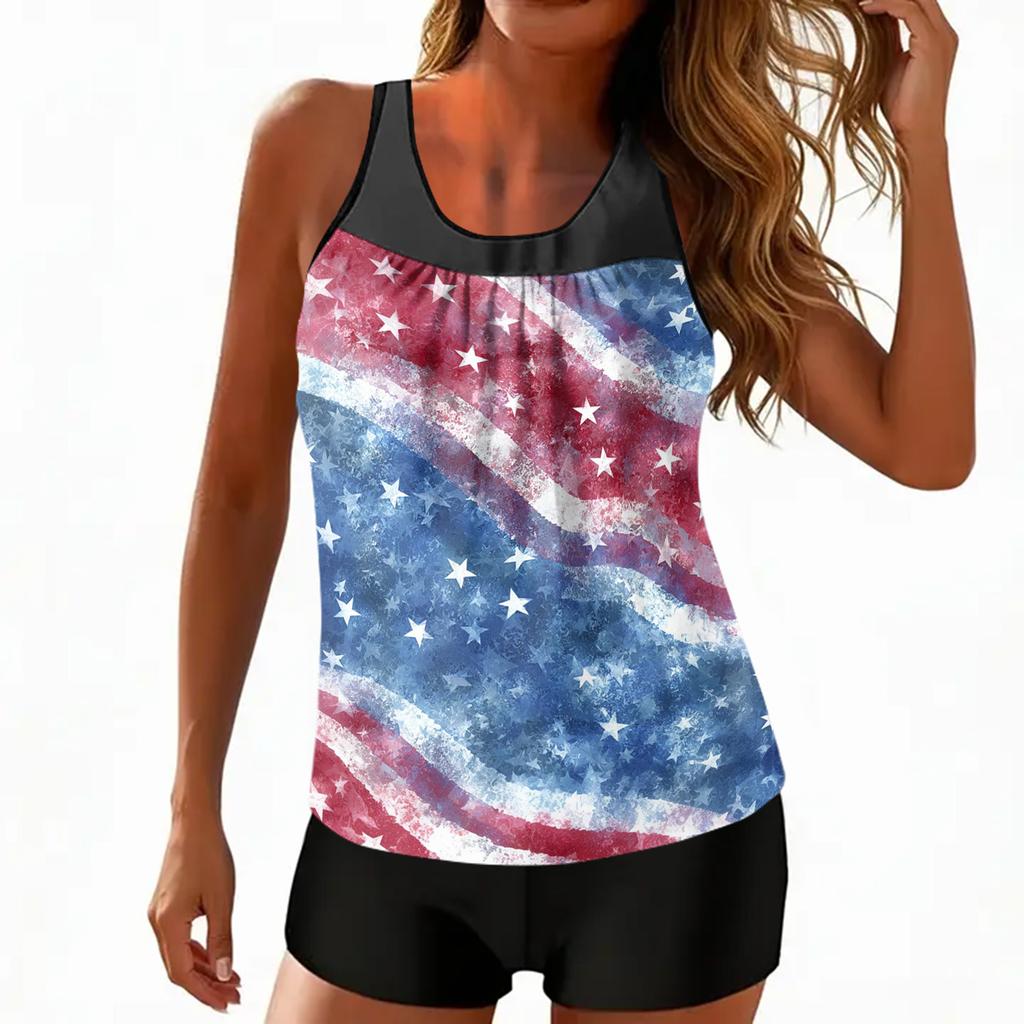 Women’s Sleeveless Tankini Top with Star Print and Gradient Pattern Swimwear Set for Beach or Pool Activities