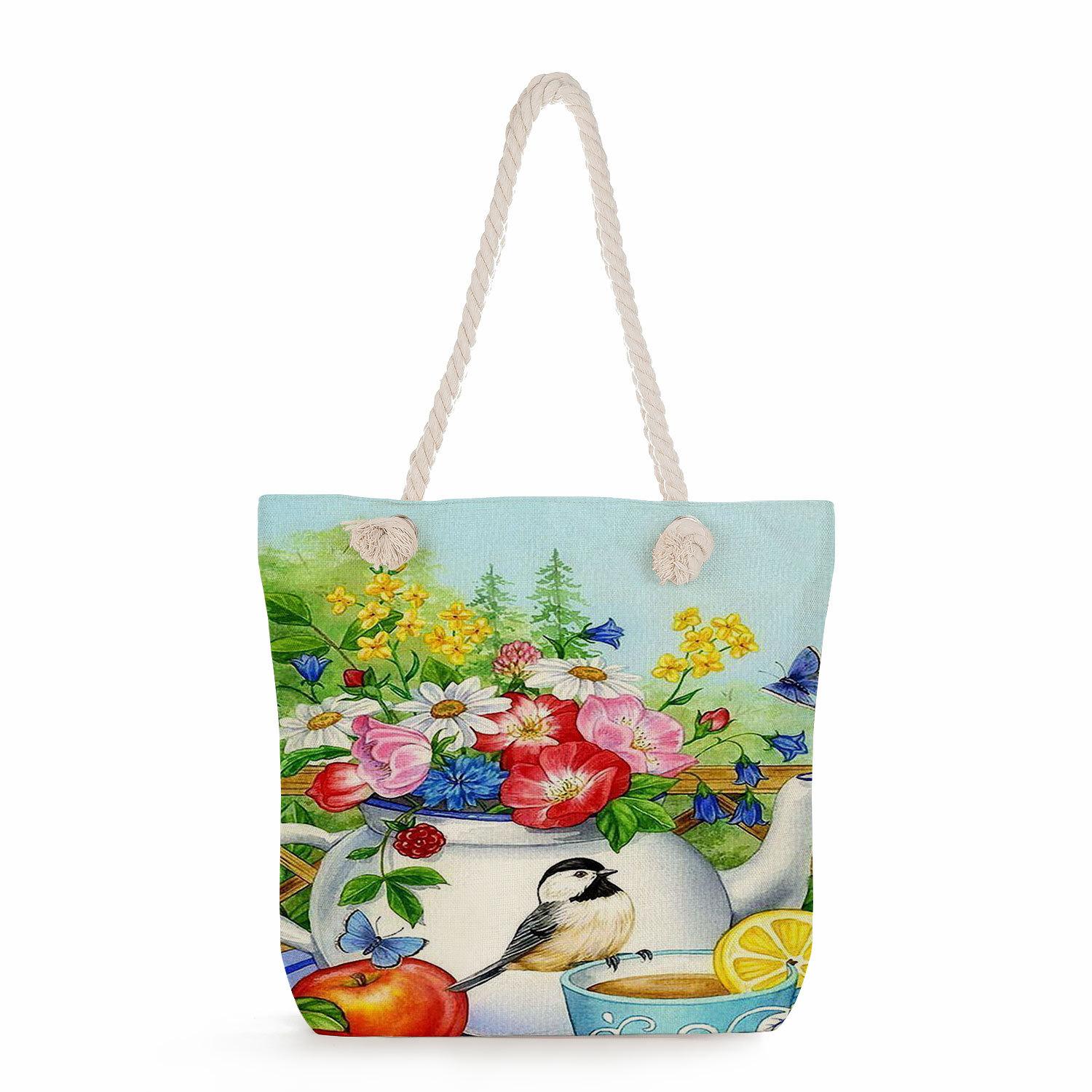 

Flower Bird print thick rope single-shoulder beach bag 7272