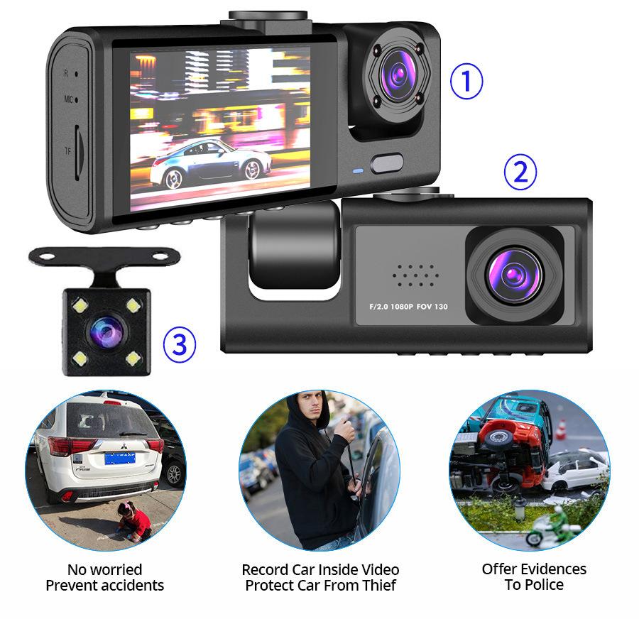 Three Recording Driving Recorder 1080P Large Wide-angle Three Lens Car Recorder Reverse Visibility